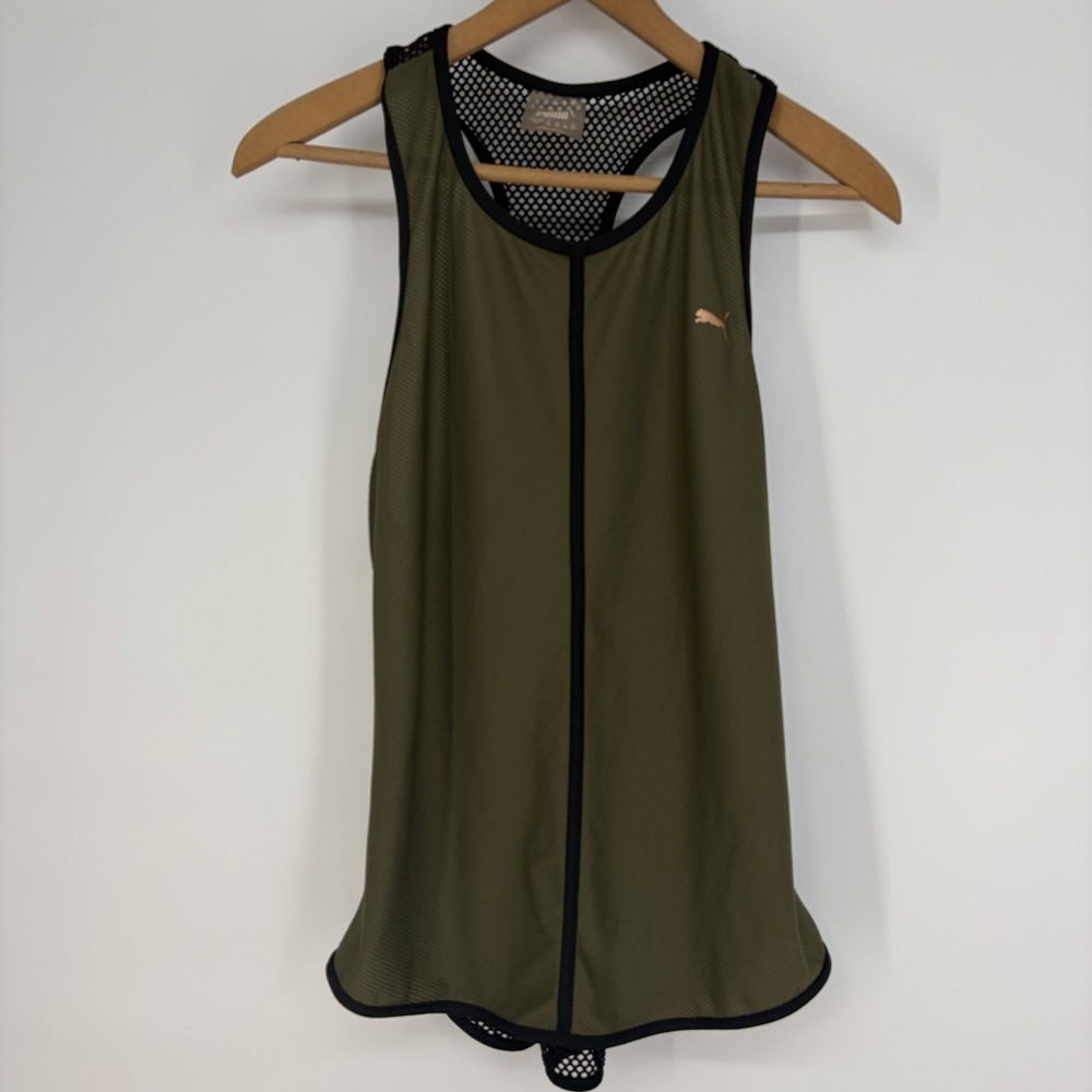 Puma Womens Tank Top S Explosive Mesh Racerback Olive Green Gym Layers Exercise